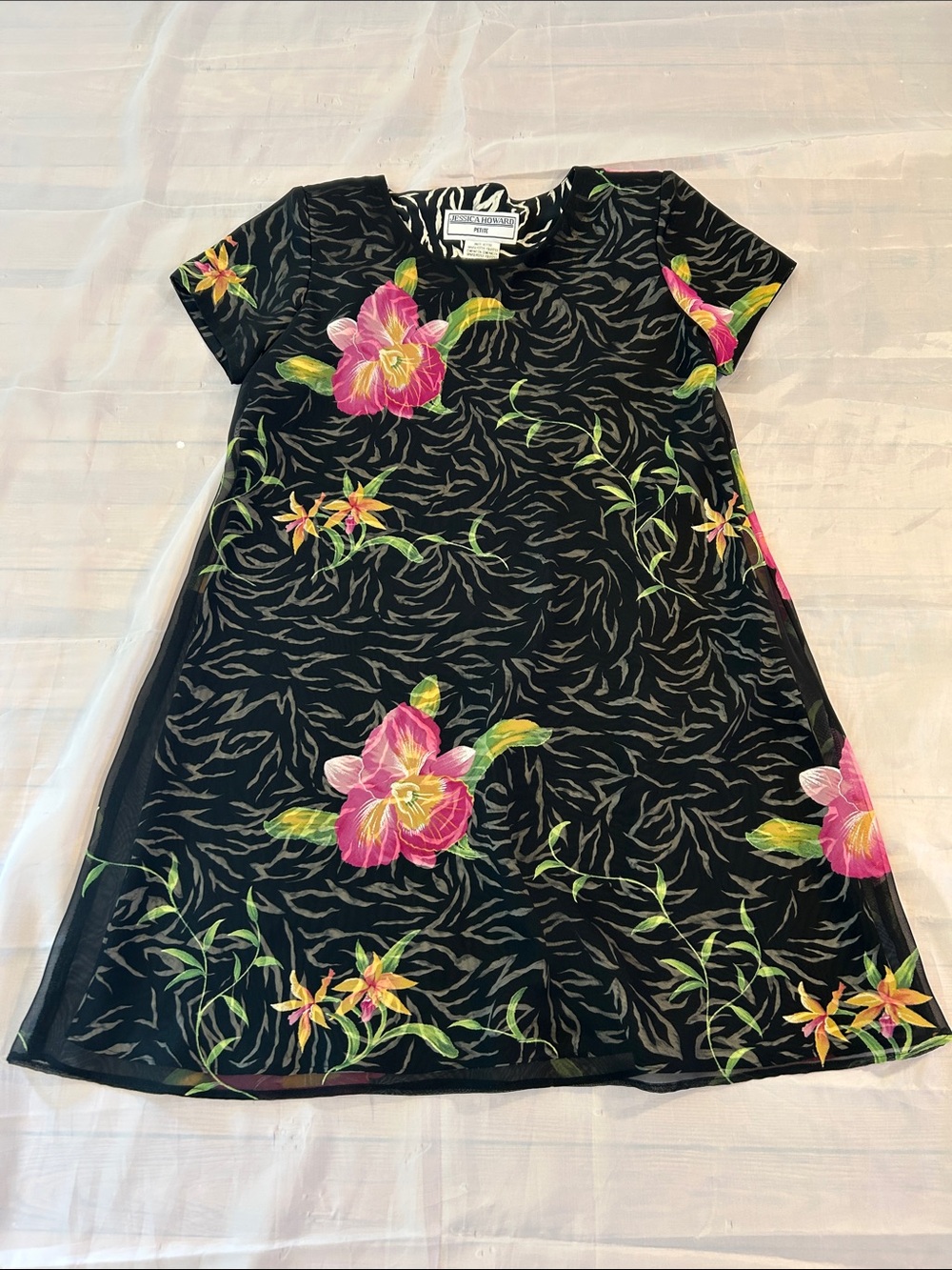 Vintage Jessica Howard Black Midi Dress with Pink Floral Print